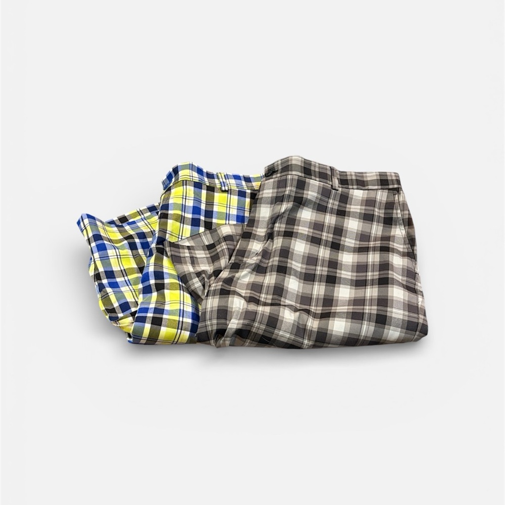 Slazenger Men's Plaid Flat Front Shorts in Blue, Yellow, and Gray